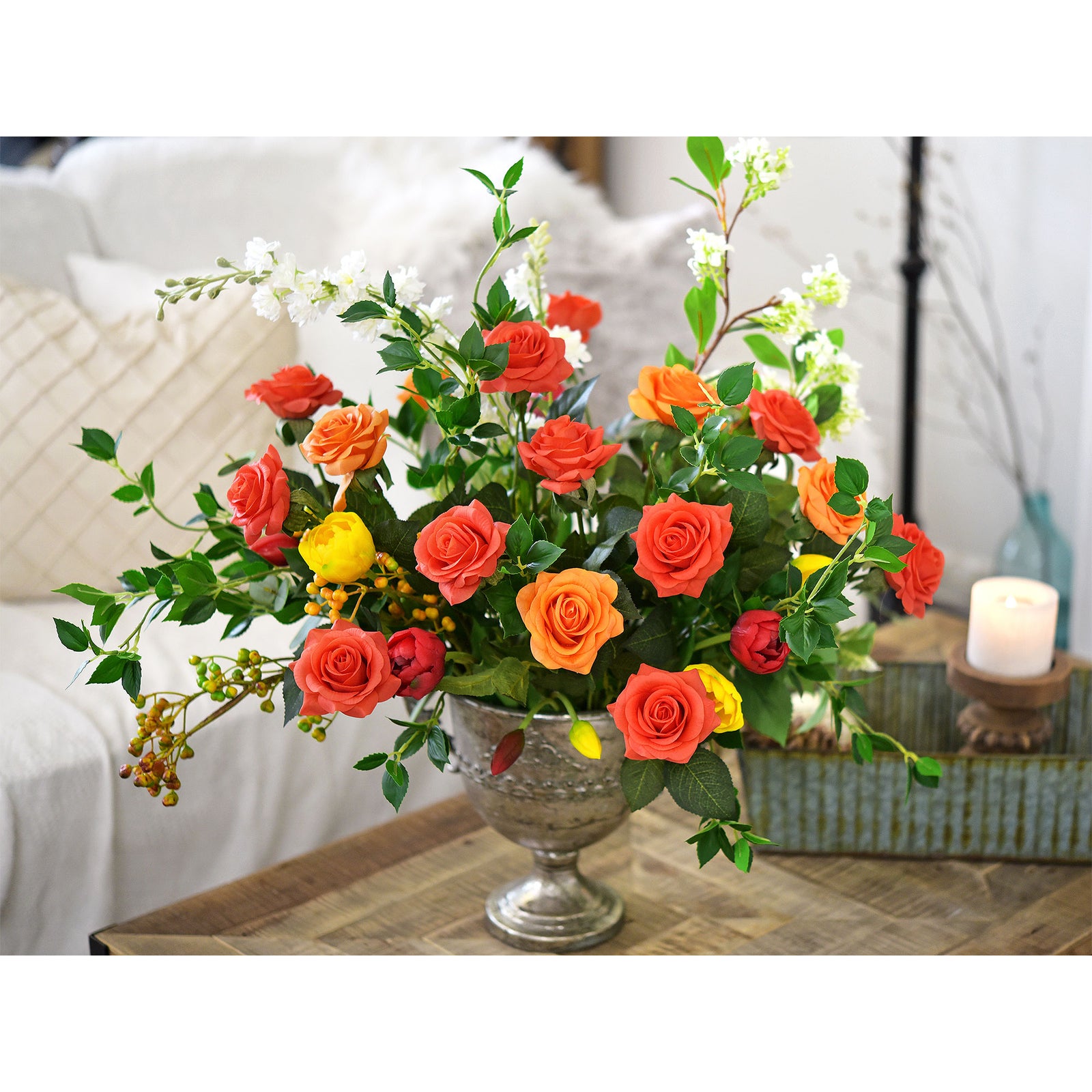 Sunset Orange Real Touch Roses Silk Artificial Flowers ‘Petals Feel and Look like Fresh Roses' (10 Stems)
