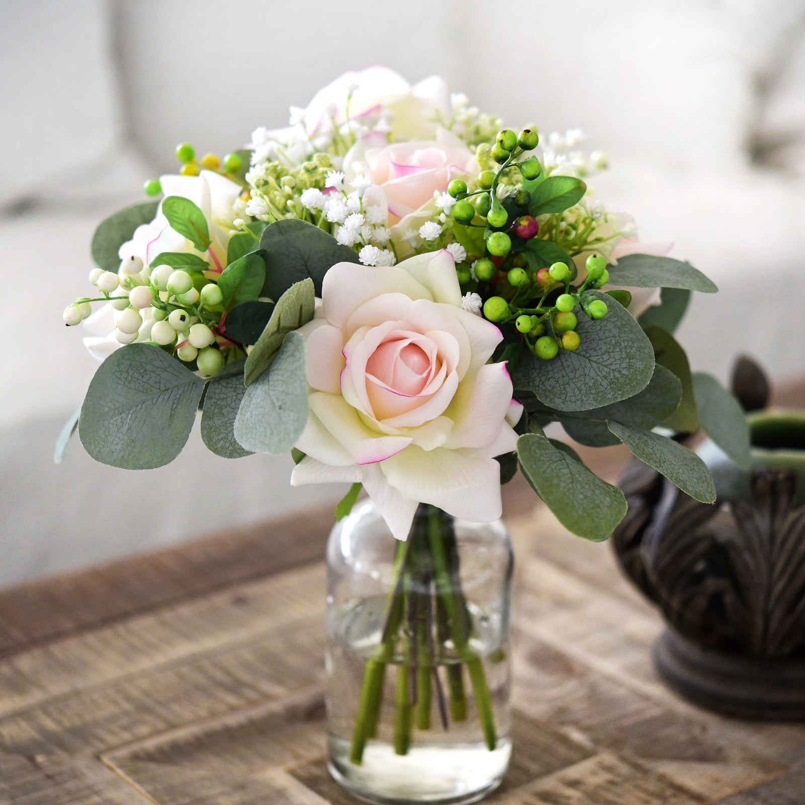 FiveSeasonStuff Light Peach Real Touch Garden Rose Artificial Flowers Wedding, Bridal, Home Décor 5 Stems 9.8"