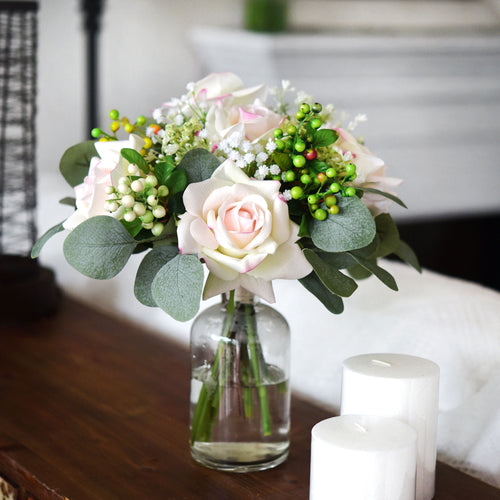 FiveSeasonStuff Light Peach Real Touch Garden Rose Artificial Flowers Wedding, Bridal, Home Décor 5 Stems 9.8"