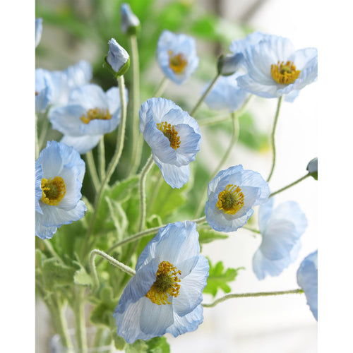Antarctic Icy Blue Silk Poppies Artificial Flower Bouquet for Remembrance Home Wedding 6 Stems 23.6'' (60cm)