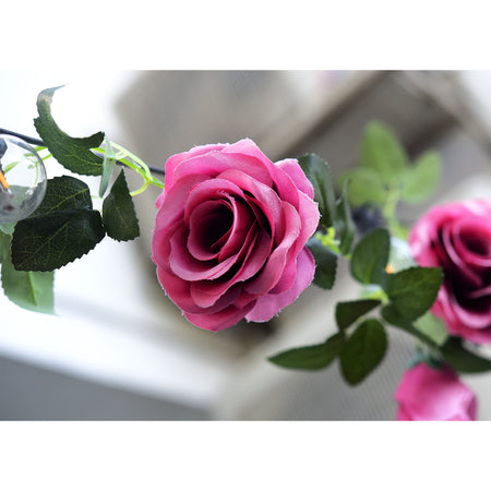 2 Pcs Raspberry Pink Artificial Silk Rose Garland Vine Plant Flower Leaves
