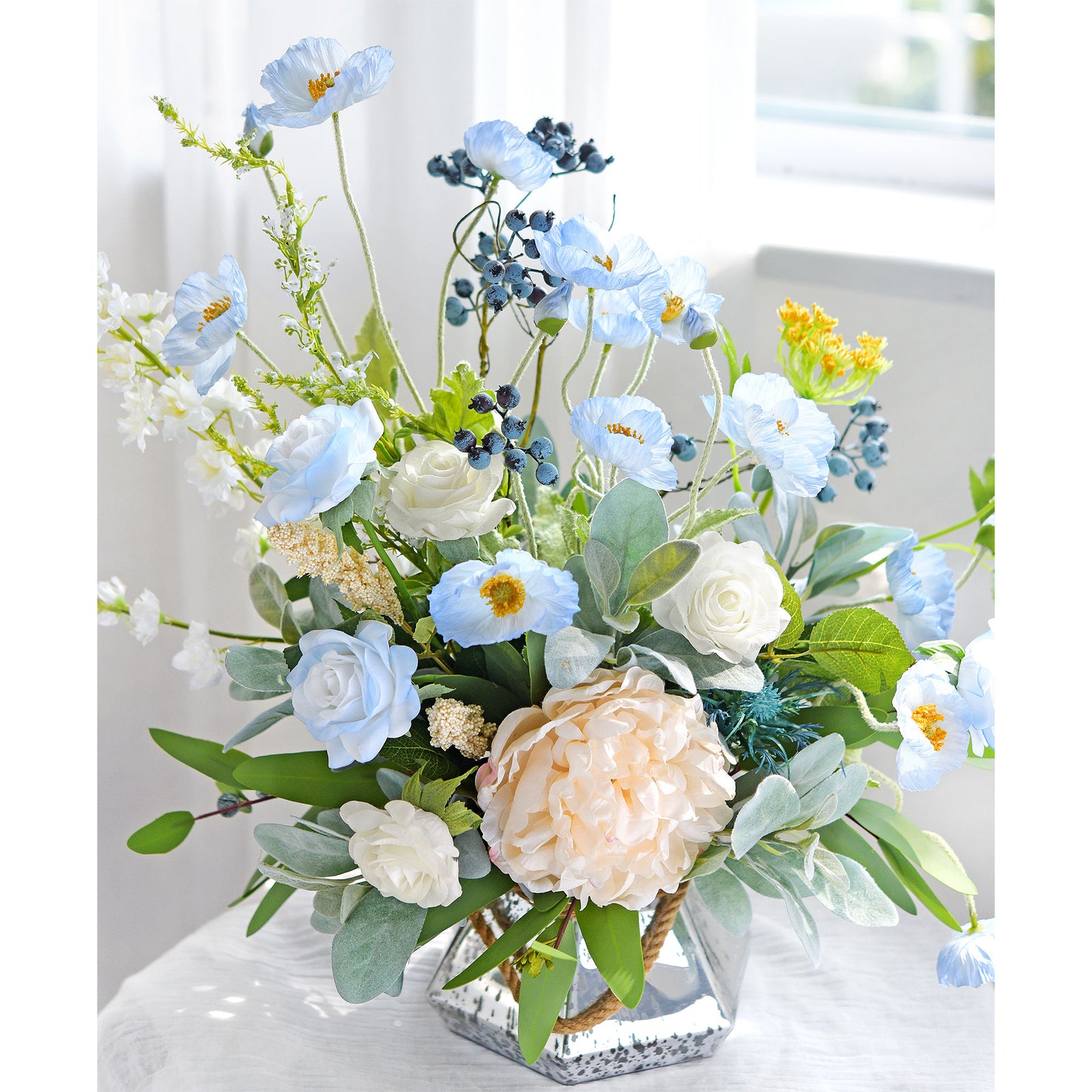 Antarctic Icy Blue Silk Poppies Artificial Flower Bouquet for Remembrance Home Wedding 6 Stems 23.6'' (60cm)