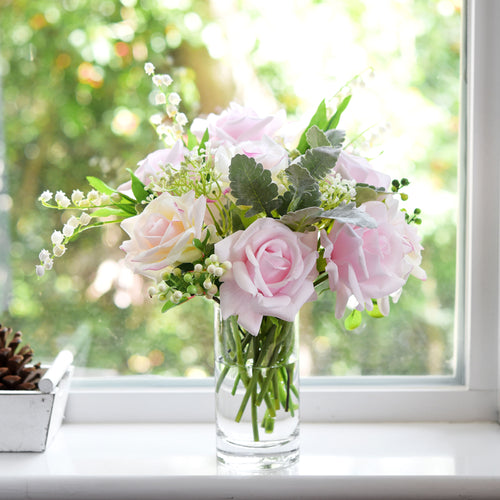 FiveSeasonStuff Light Pink Real Touch Garden Rose Artificial Flowers Wedding, Bridal, Home Décor 5 Stems 9.8"