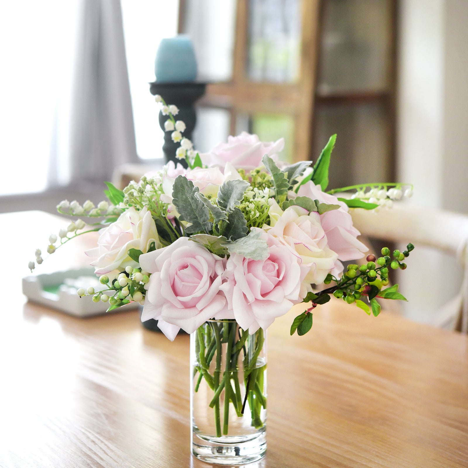FiveSeasonStuff Light Pink Real Touch Garden Rose Artificial Flowers Wedding, Bridal, Home Décor 5 Stems 9.8"