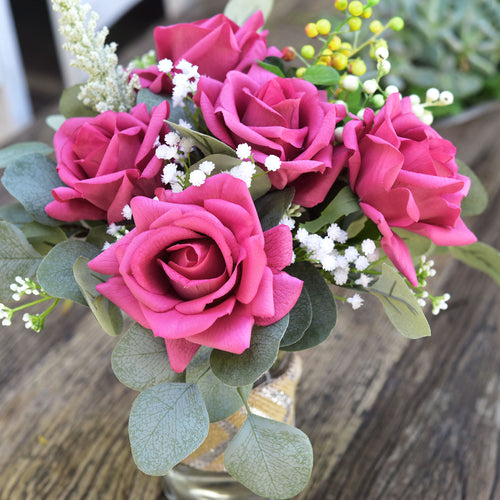 FiveSeasonStuff Raspberry Magenta Real Touch Garden Rose Artificial Flowers Wedding, Bridal, Home Décor 5 Stems 9.8"