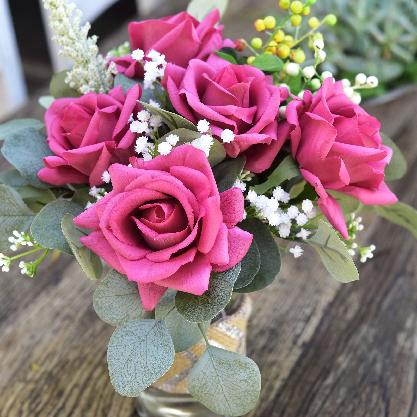 FiveSeasonStuff Raspberry Magenta Real Touch Garden Rose Artificial Flowers Wedding, Bridal, Home Décor 5 Stems 9.8"