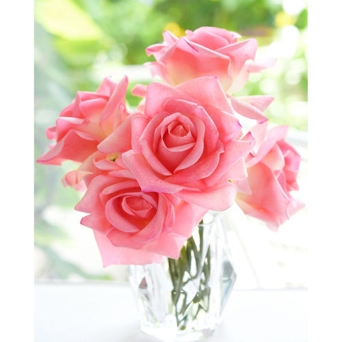 FiveSeasonStuff Watermelon Pink Real Touch Garden Rose Artificial Flowers Wedding, Bridal, Home Décor 5 Stems 9.8"