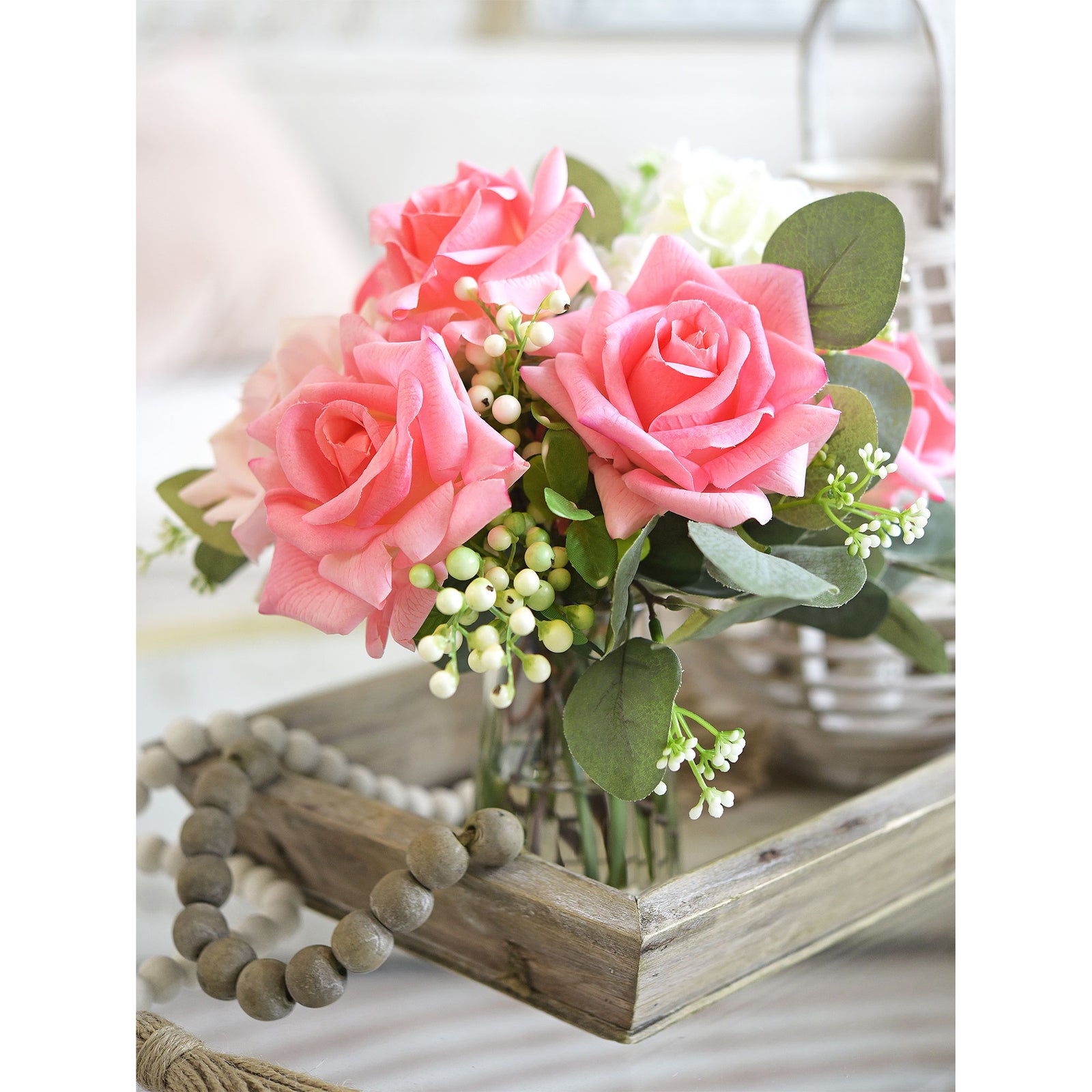 FiveSeasonStuff Watermelon Pink Real Touch Garden Rose Artificial Flowers Wedding, Bridal, Home Décor 5 Stems 9.8"