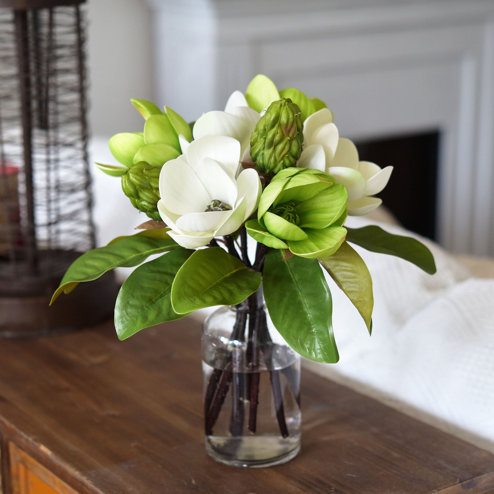 FiveSeasonStuff Purity White Magnolia Artificial Flowers Arrangement with 4 Stems, Wedding Bridesmaids Bouquet Bridal Showers Home Decor