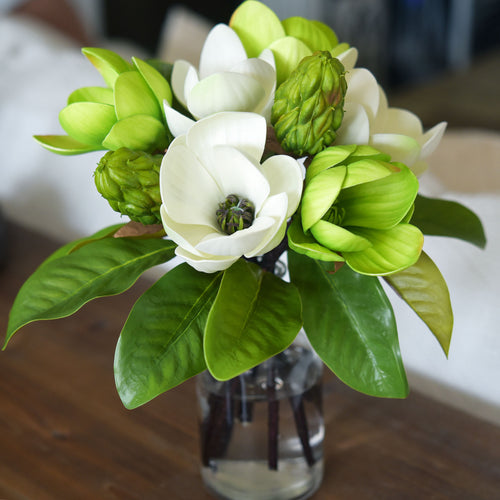 FiveSeasonStuff Noble Green Magnolia Artificial Flowers Arrangement with 4 Stems, Wedding Bridesmaids Bouquet Bridal Showers Home Decor
