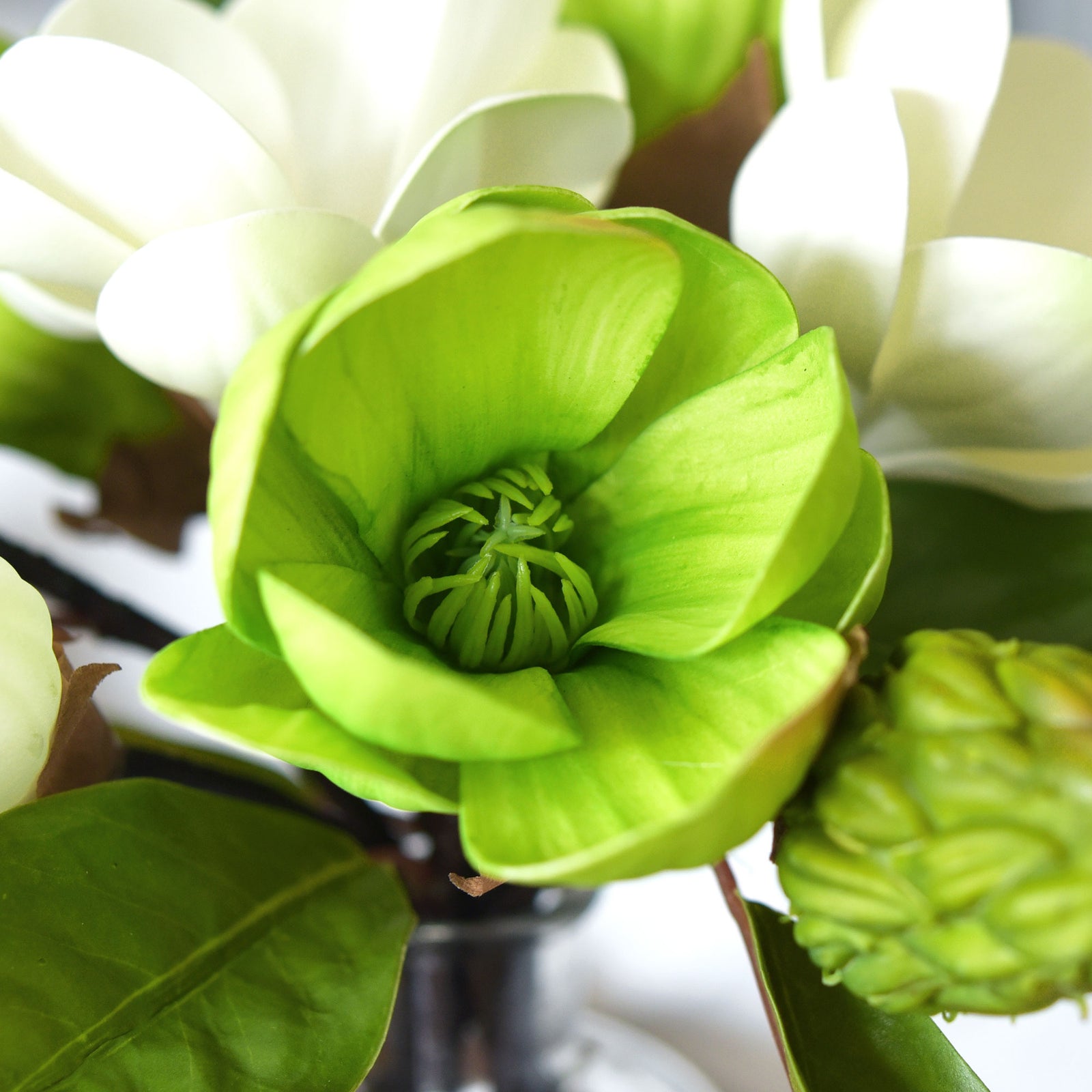 FiveSeasonStuff Noble Green Magnolia Artificial Flowers Arrangement with 4 Stems, Wedding Bridesmaids Bouquet Bridal Showers Home Decor