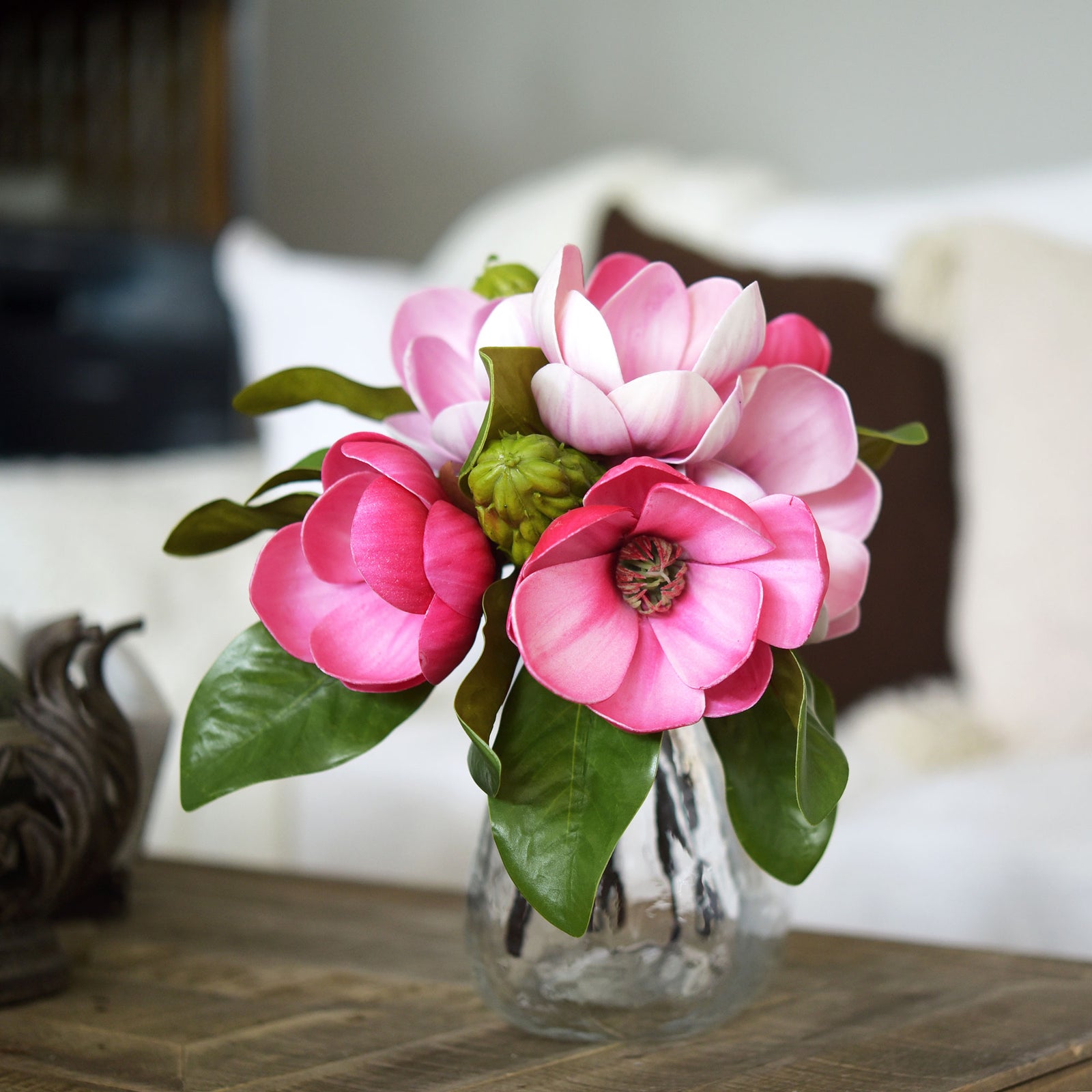 FiveSeasonStuff Magenta Passion Pink Magnolia Artificial Flowers Arrangement with 4 Stems, Wedding Bridesmaids Bouquet Home Decor
