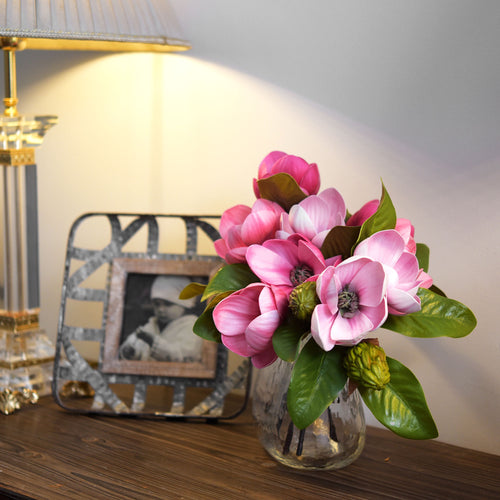FiveSeasonStuff Dusty Pink Magnolia Artificial Flowers Arrangement with 4 Stems, Wedding Bridesmaids Bouquet Home Decor