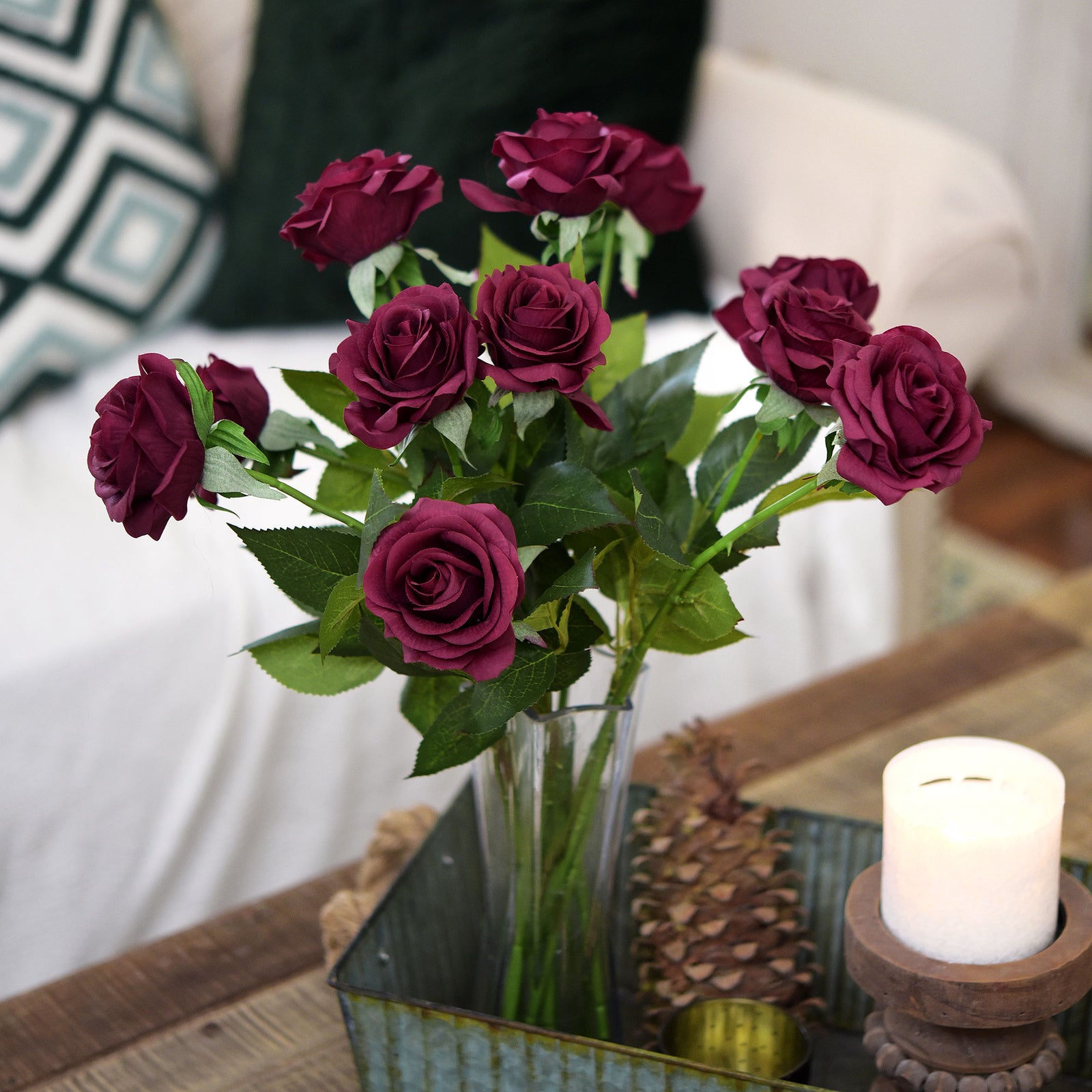 Dark Cranberry Red Real Touch Roses Artificial Silk Flowers10 Stems (AVAILABLE FOR SHIPPING ON SEPTEMBER 15th 2023)
