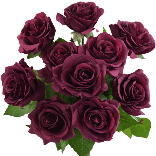 Dark Cranberry Red Real Touch Roses Artificial Silk Flowers10 Stems (AVAILABLE FOR SHIPPING ON SEPTEMBER 15th 2023)