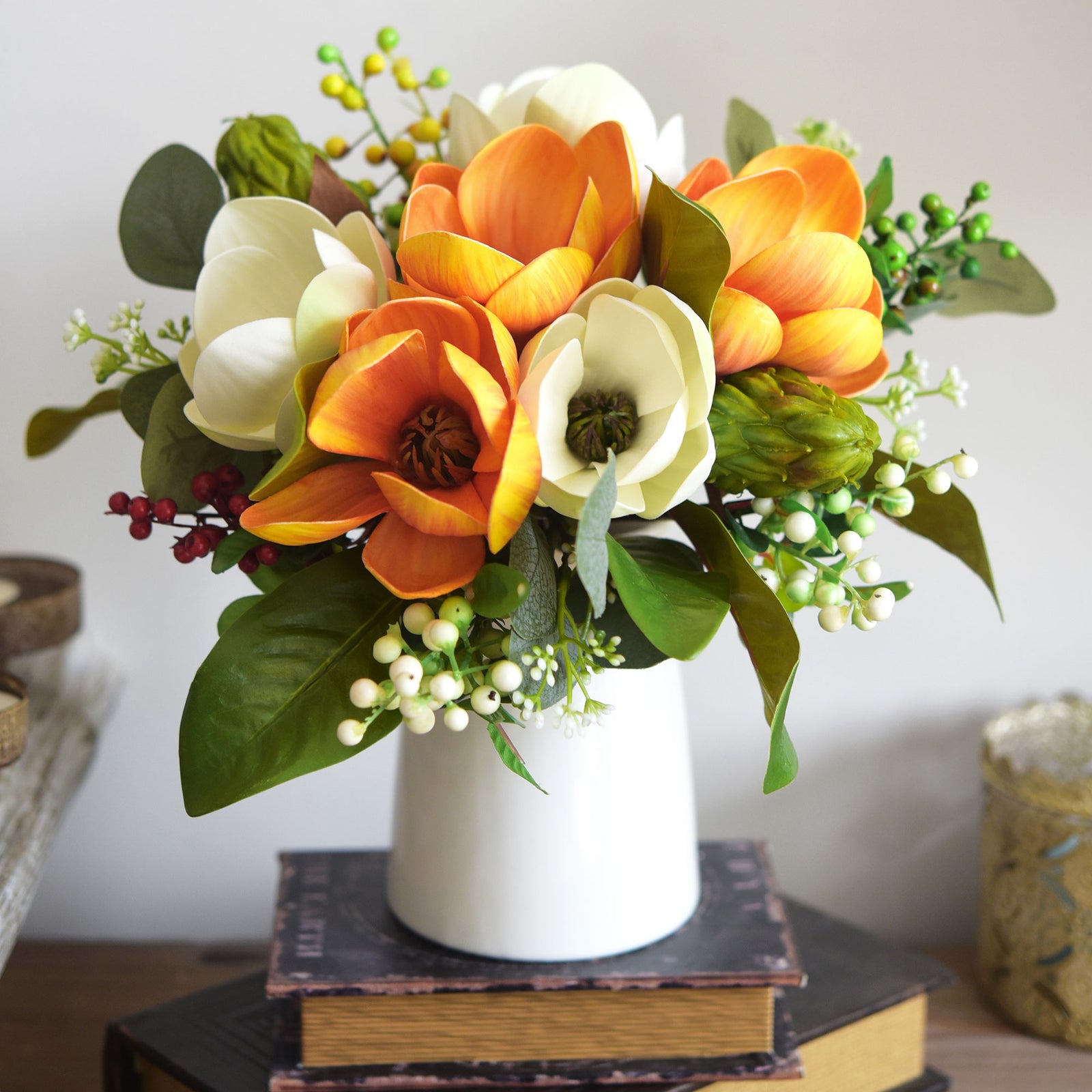 FiveSeasonStuff Friendship Orange Magnolia Artificial Flowers Arrangement with 4 Stems, Wedding Bridesmaids Bouquet Home Decor