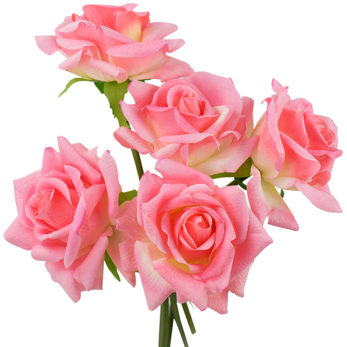 FiveSeasonStuff Watermelon Pink Real Touch Garden Rose Artificial Flowers Wedding, Bridal, Home Décor 5 Stems 9.8"