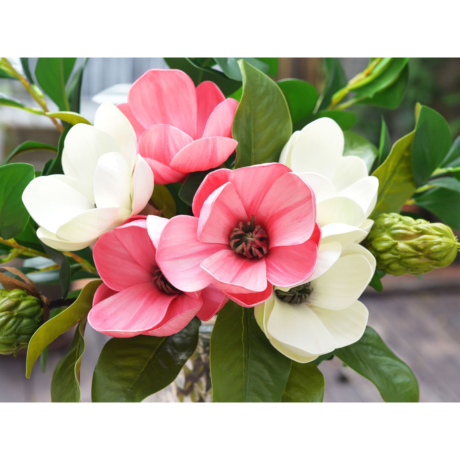 FiveSeasonStuff Joyful Light Pink Magnolia Artificial Flowers Arrangement with 4 Stems, Wedding Bridesmaids Bouquet Home Decor