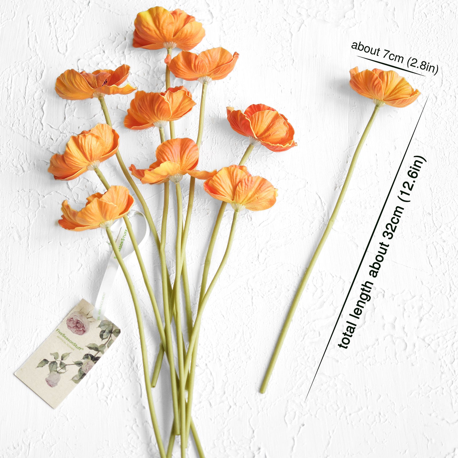 FiveSeasonStuff Orange Real Touch Artificial Poppy Flowers Remembrance Day Decorations 10 Stems 12.6'' (32cm)