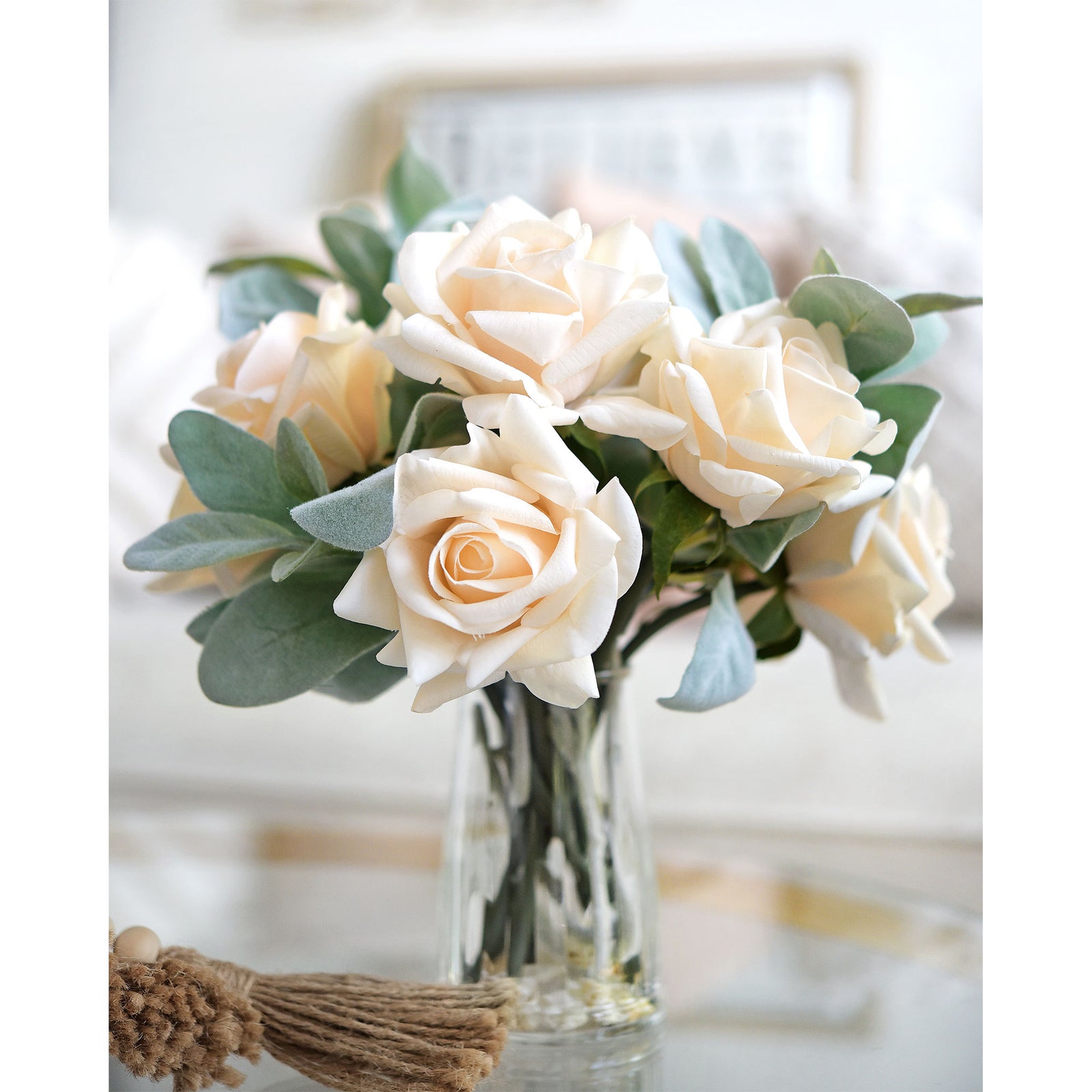 FiveSeasonStuff Soft Peach Real Touch Garden Rose Artificial Flowers Wedding, Bridal, Home Décor 5 Stems 9.8"