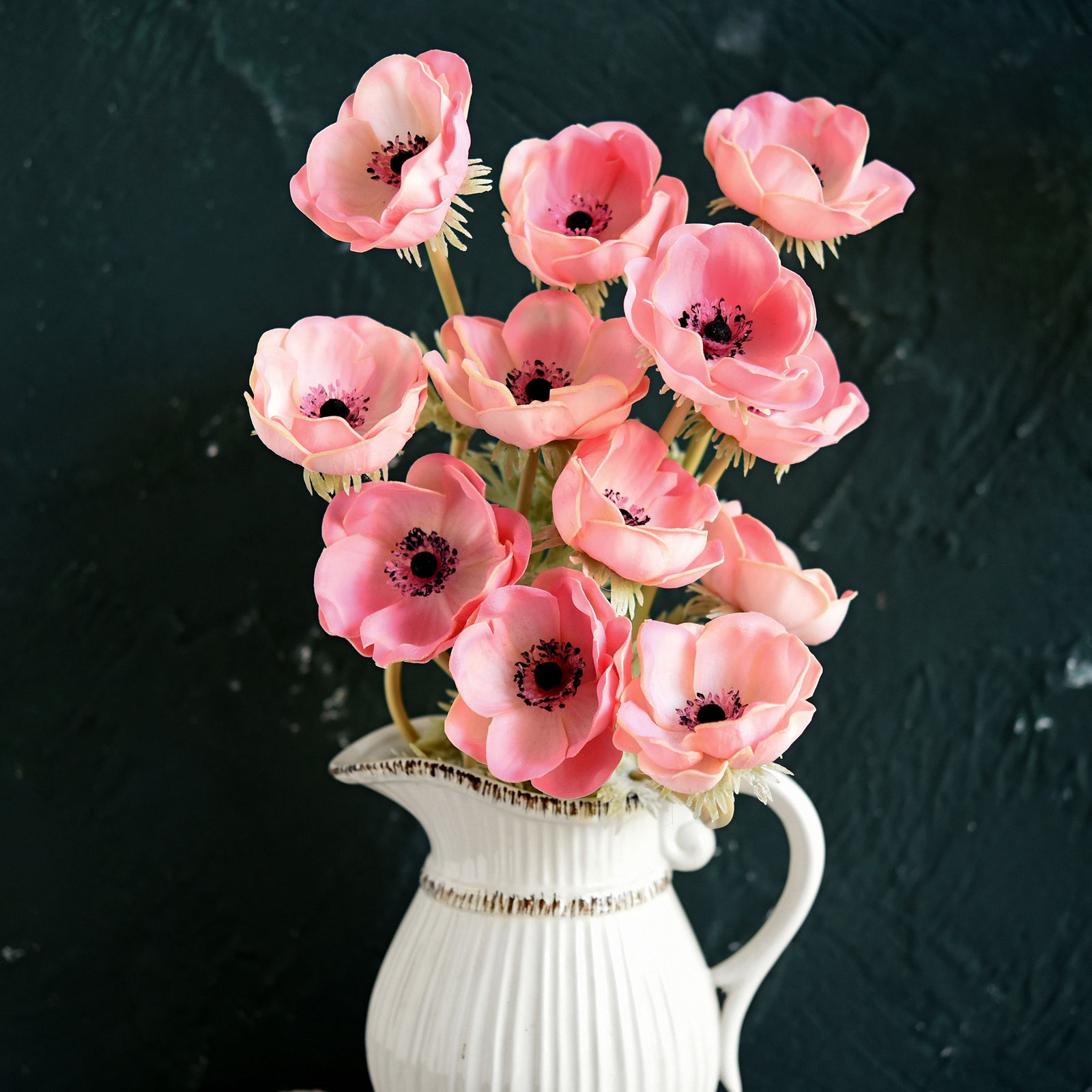 12 Long Stems of ‘Real Touch’ Artificial (Pink) Anemone Flowers, Wedding Bouquet Flower Arrangement, 45cm (17.7 inches)
