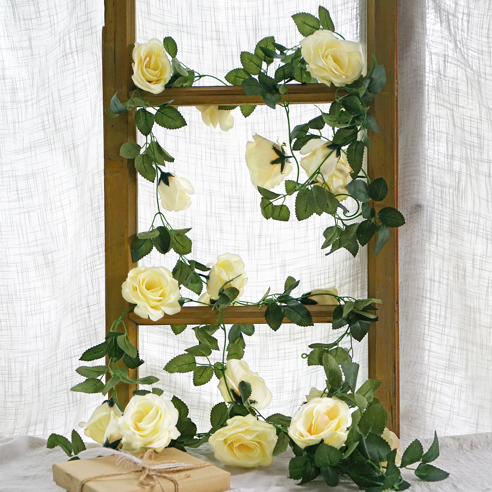 2 Bunches 14.4 ft of Cream White Artificial Silk Rose Vines Hanging Foliage Leaves