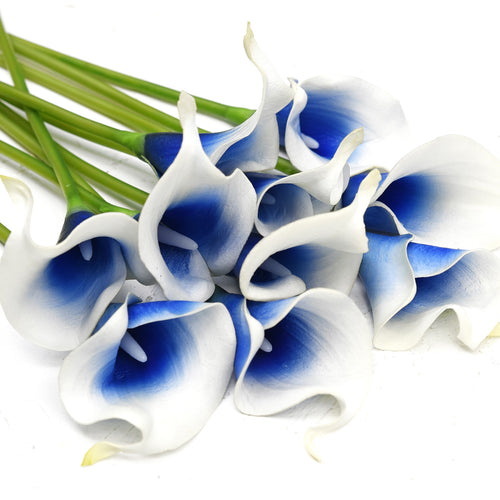 Real Touch Calla Lilies Artificial Flower Bouquet 10 Stems (Silk White & Abyss Blue)