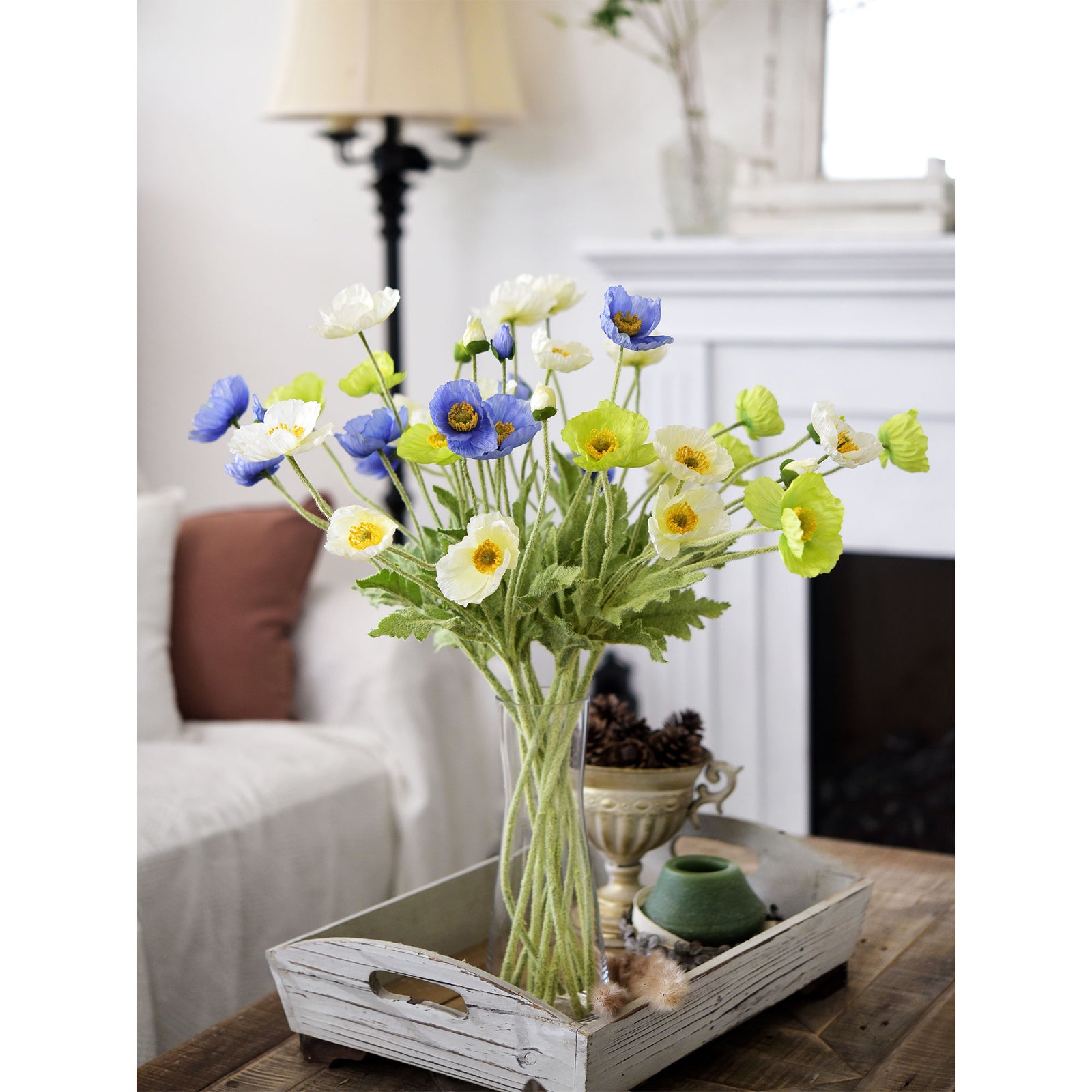 Ocean Blue Silk Poppies Artificial Flower Bouquet for Remembrance Home Wedding 6 Stems 23.6'' (60cm)
