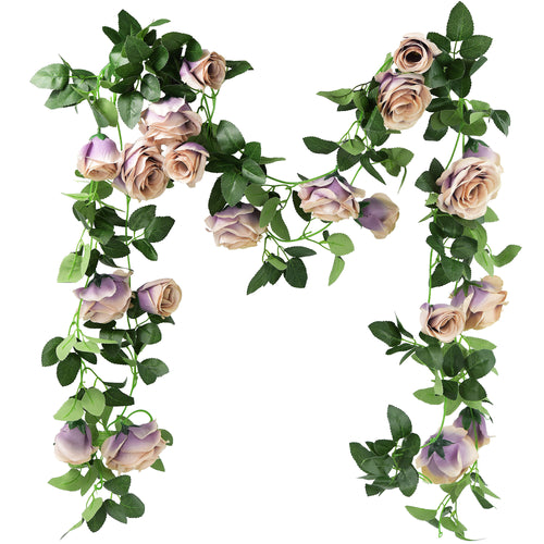 Artificial Silk Rose Garlands Vine Plant Flower Leaves (Smoky Purple) 2 Pcs