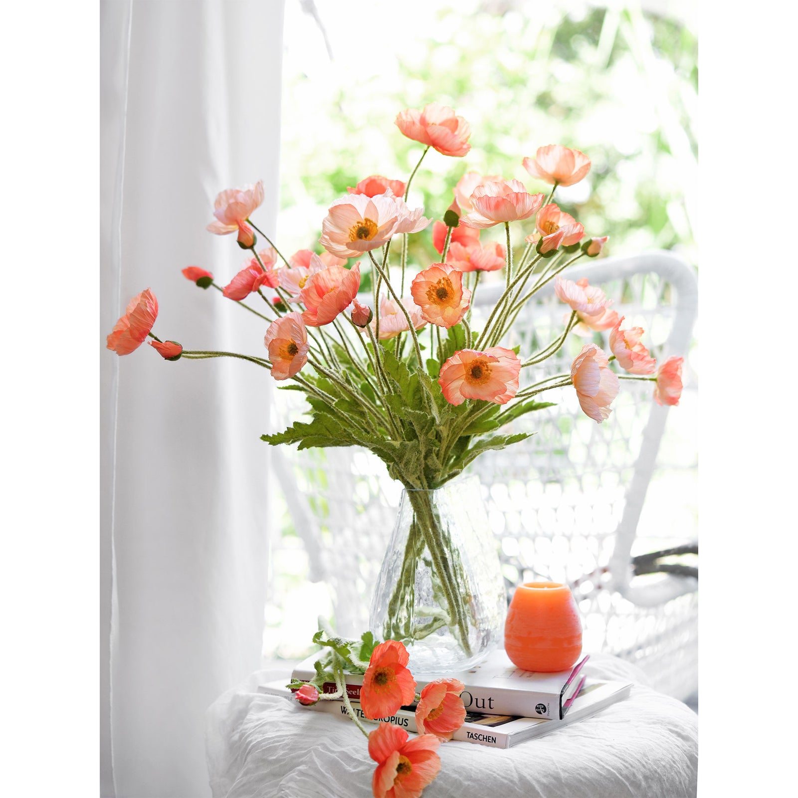 Peachy Pink Silk Poppies Artificial Flower Bouquet for Remembrance Home Wedding 6 Stems 23.6'' (60cm)