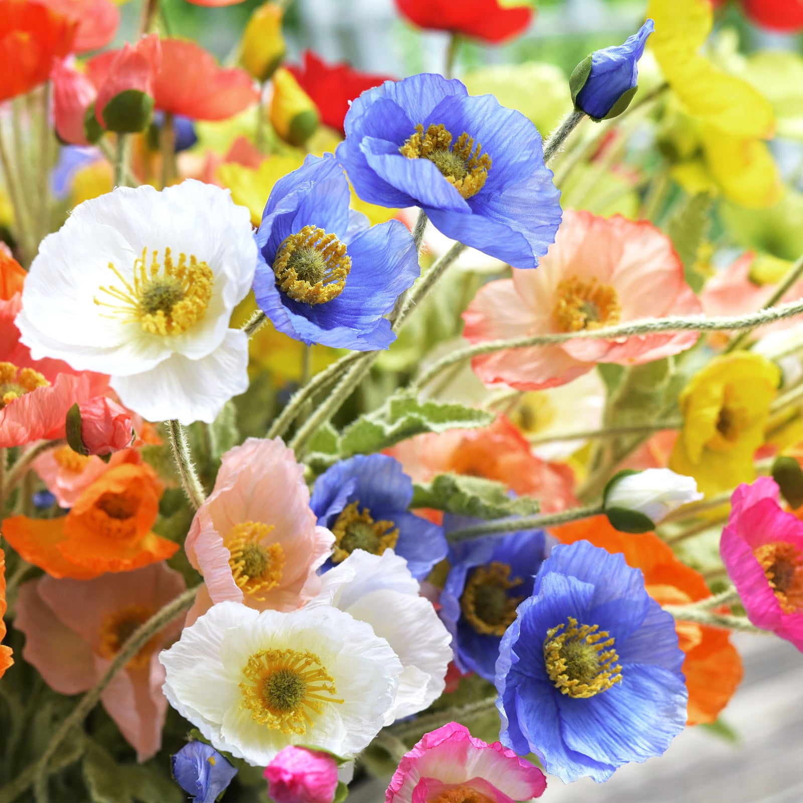 Ocean Blue Silk Poppies Artificial Flower Bouquet for Remembrance Home Wedding 6 Stems 23.6'' (60cm)
