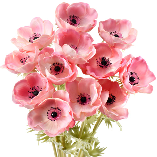 12 Long Stems of ‘Real Touch’ Artificial (Pink) Anemone Flowers, Wedding Bouquet Flower Arrangement, 45cm (17.7 inches)