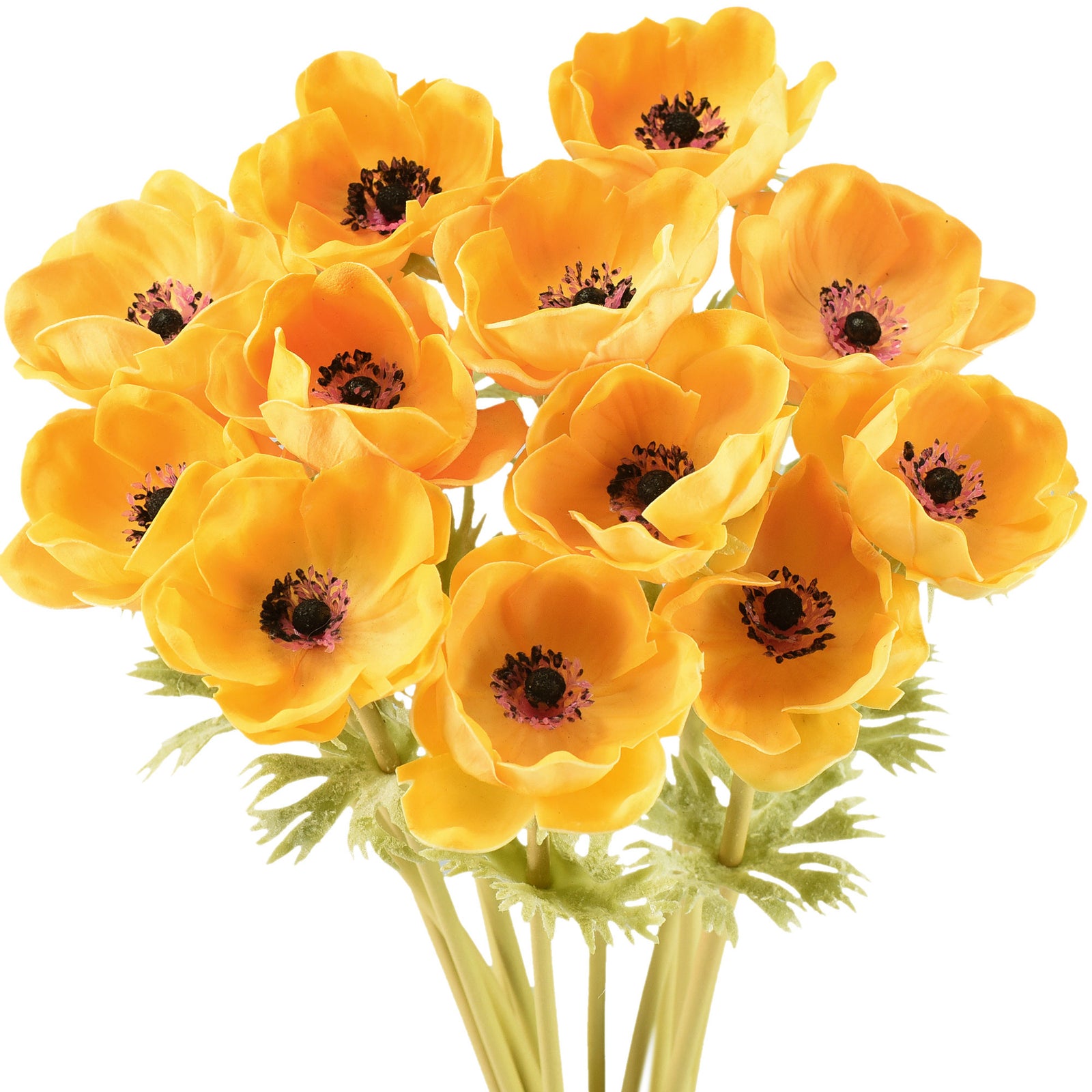 12 Long Stems of ‘Real Touch’ Artificial (Orange) Anemone Flowers, Wedding Bouquet Flower Arrangement, 45cm (17.7 inches)