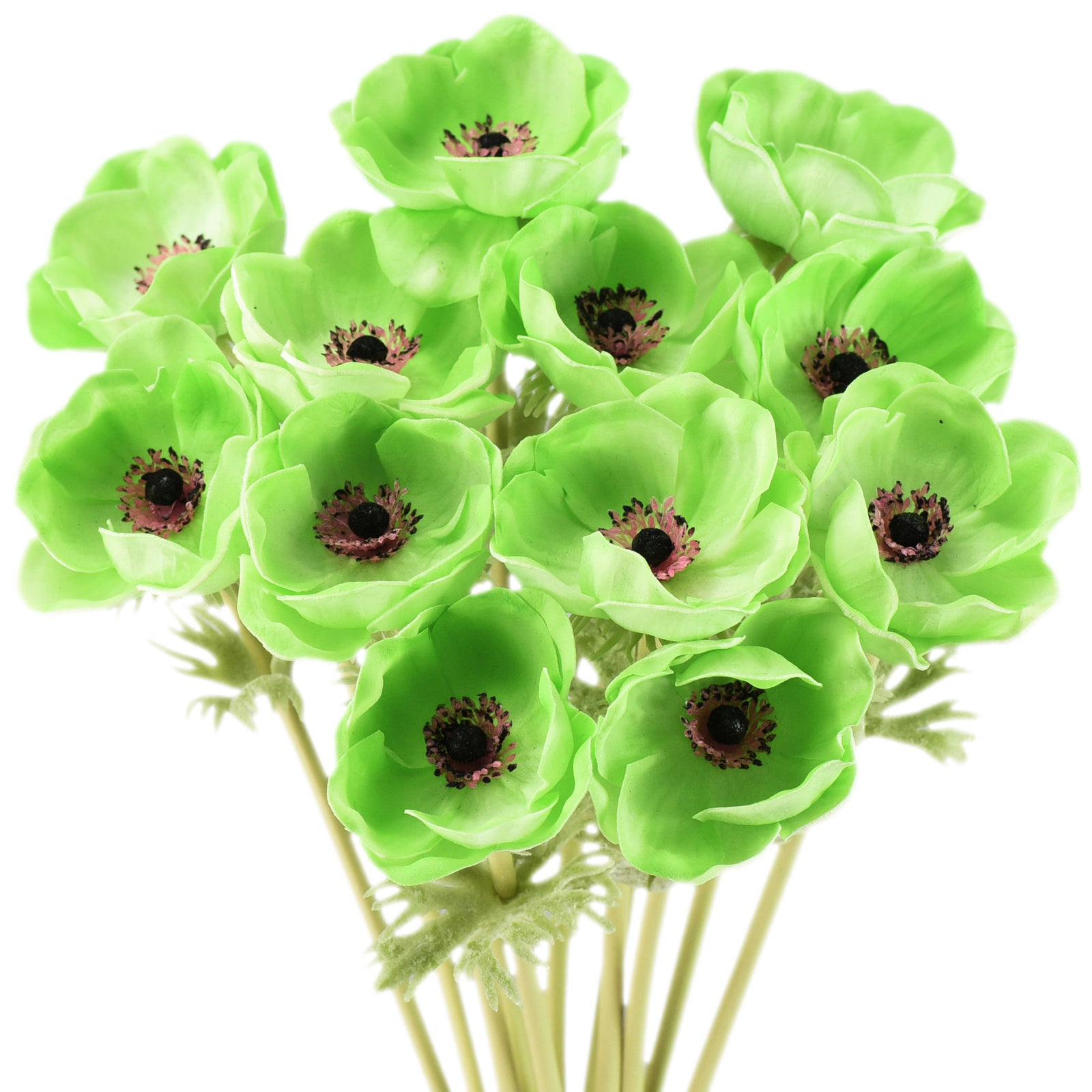 12 Long Stems of ‘Real Touch’ Artificial (Green) Anemone Flowers, Wedding Bouquet Flower Arrangement, 45cm (17.7 inches)