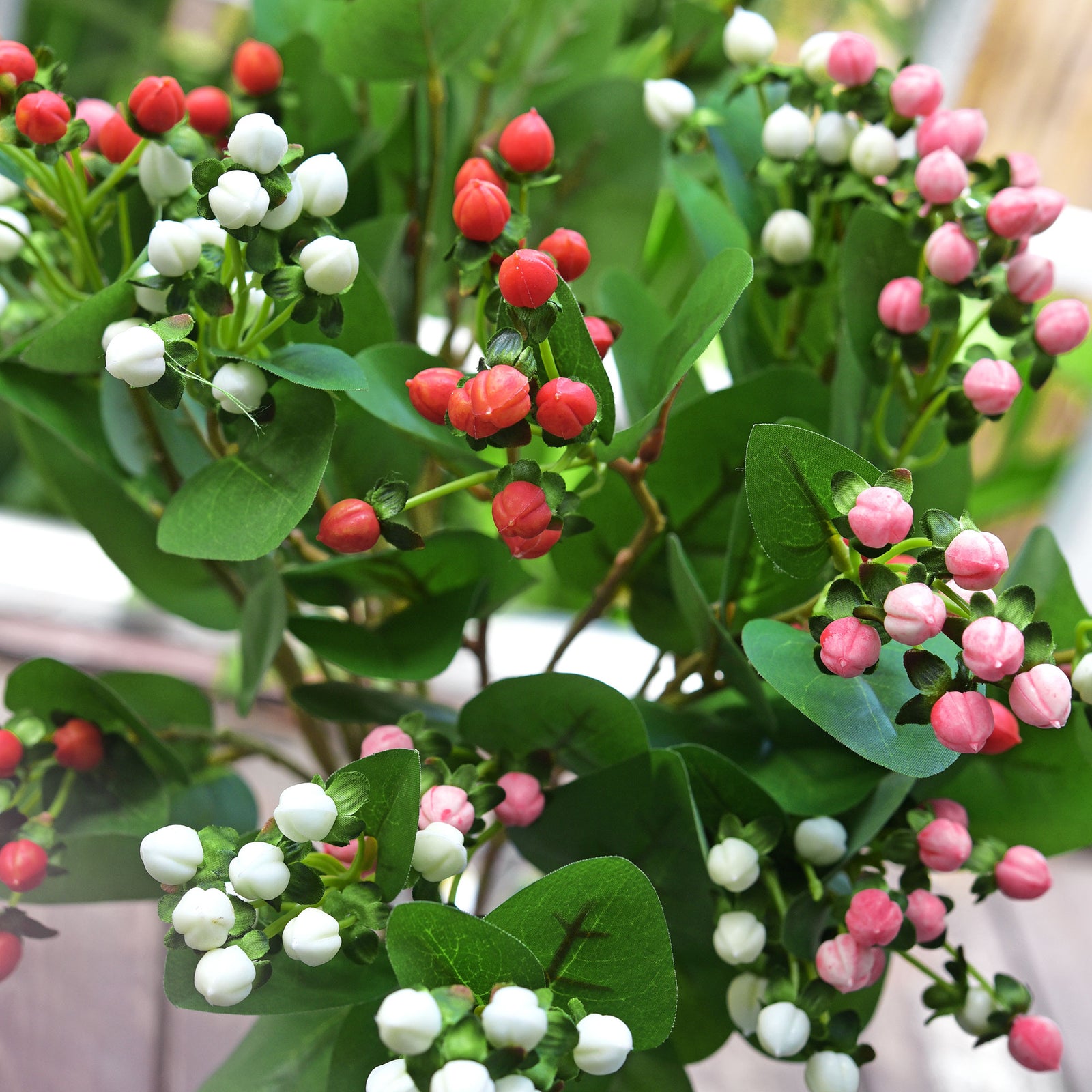 6 Bunches Sea Pink Artificial Hypericum Flower Berries, Long Stem Greenery Fillers for Floral Arrangements