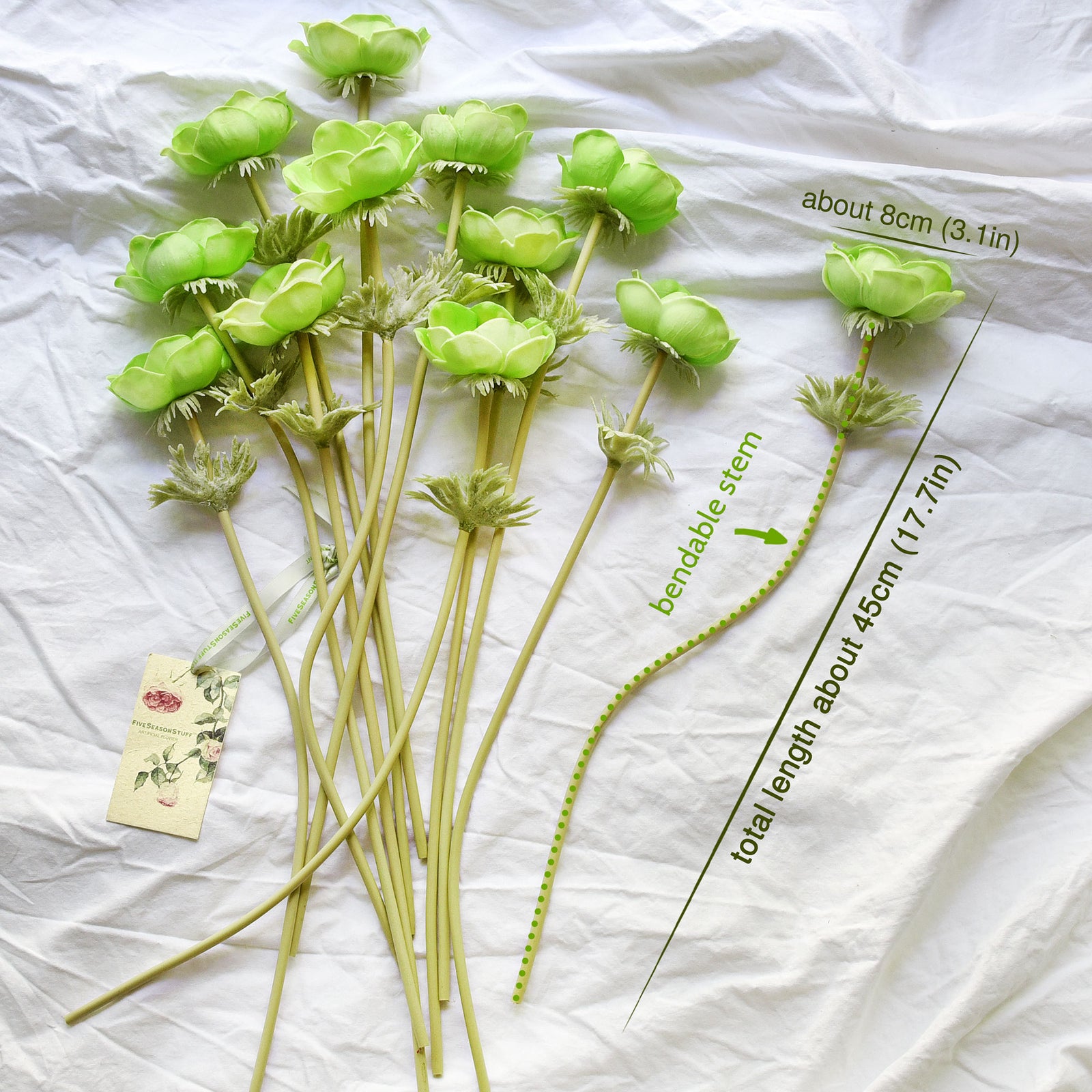12 Long Stems of ‘Real Touch’ Artificial (Green) Anemone Flowers, Wedding Bouquet Flower Arrangement, 45cm (17.7 inches)