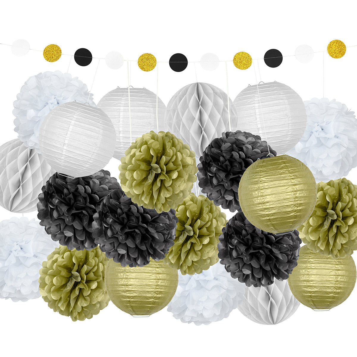A party decoration set combine of 12 tissue paper pom poms, 6 lanterns, 4 honeycomb ball and a circle paper garland in gold, black and white color.