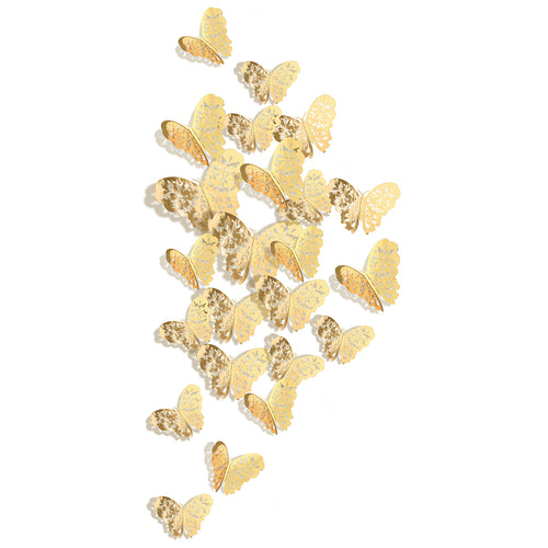 24 pieces of gold metallic butterflies with white background. The butterflies consist of 8 larges, 8 mediums, and 8 smalls