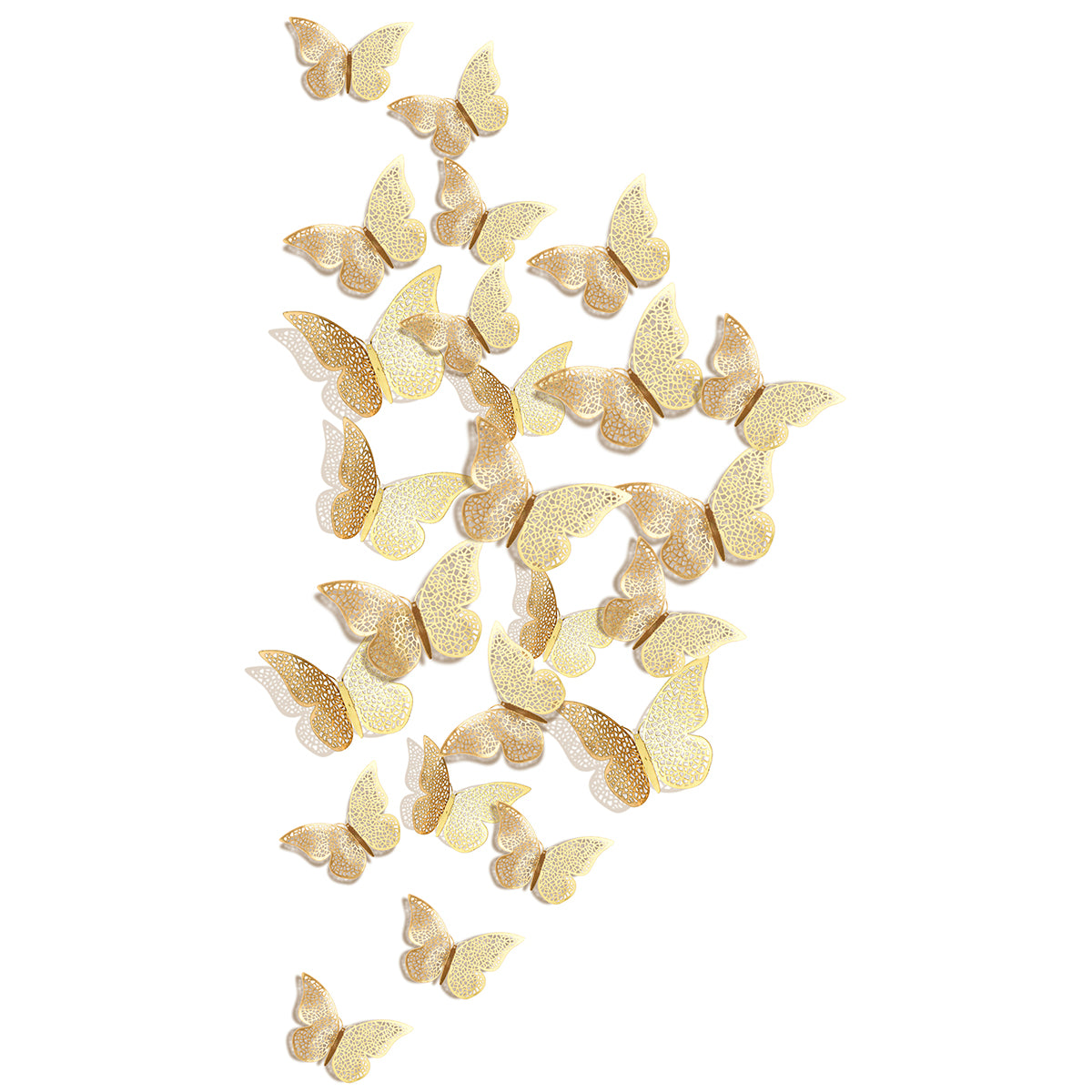 24 pieces of gold metallic butterflies with white background. The butterflies consist of 8 larges, 8 mediums, and 8 smalls