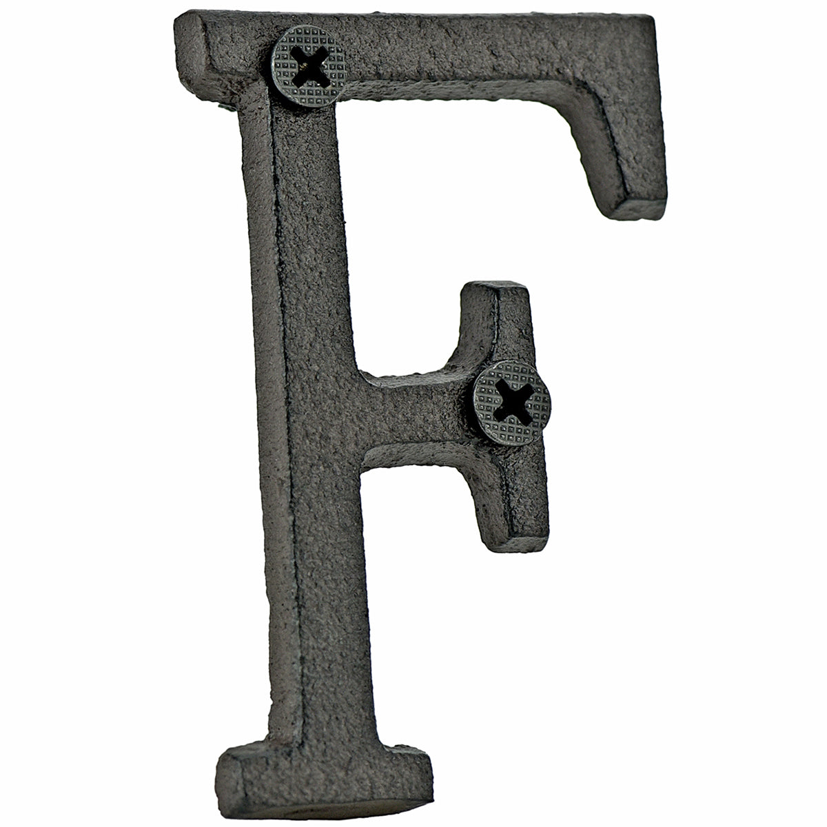 A cast iron house letter sign ‘F’ with white background 