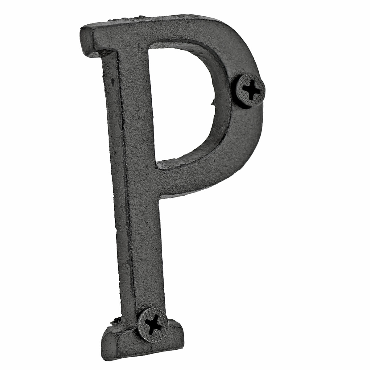 A cast iron house letter sign ‘P’ with white background 