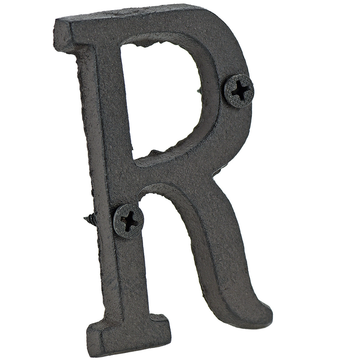 A cast iron house letter sign ‘R’ with white background 