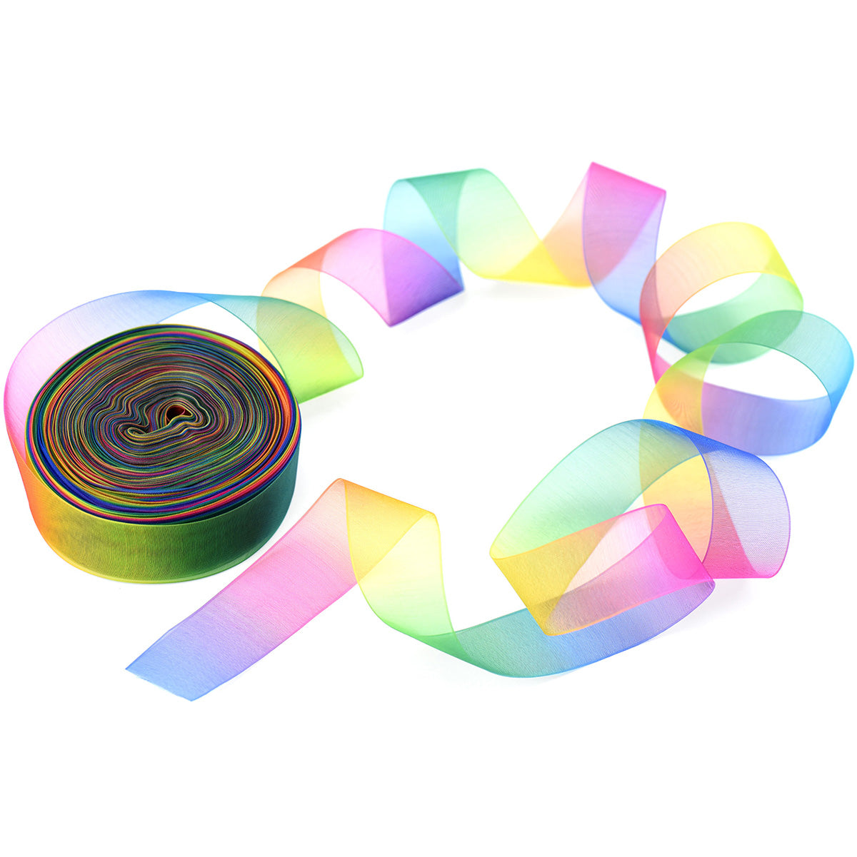 38mm [45 metres/50 Yards] Rainbow Chiffon Gradient Polyester Ribbon | Party Festive Gift Wrap Scrapbooking Decoration