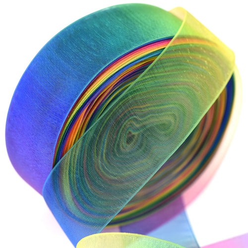 38mm [45 metres/50 Yards] Rainbow Chiffon Gradient Polyester Ribbon | Party Festive Gift Wrap Scrapbooking Decoration
