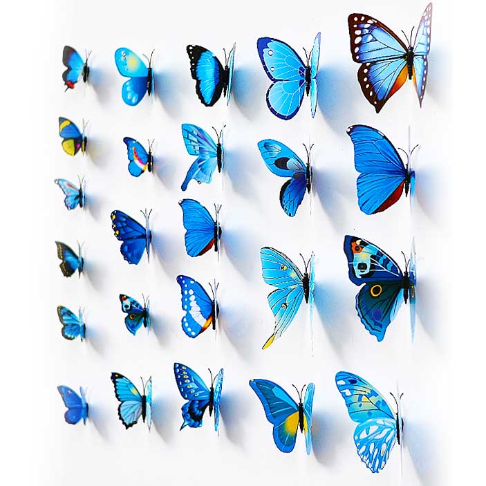 3D Effect Foldable Mixed Blue Butterflies Decorations with Magnet  Water and UV Resistant  24 Pieces