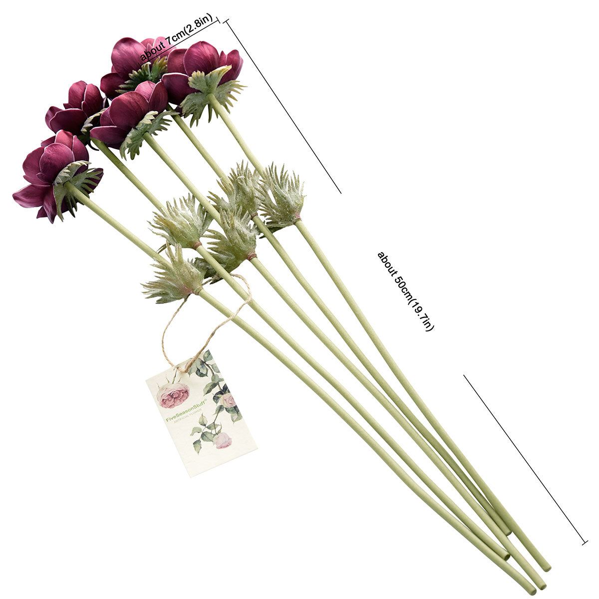 5 Long Stems (Deep Red Wine) Anemone ‘Real Touch’ Artificial Flower