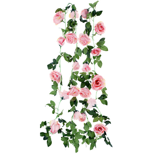 Artificial Silk Rose Garlands Vine Plant Flower Leaves (Amaranth Pink) 2 Pcs