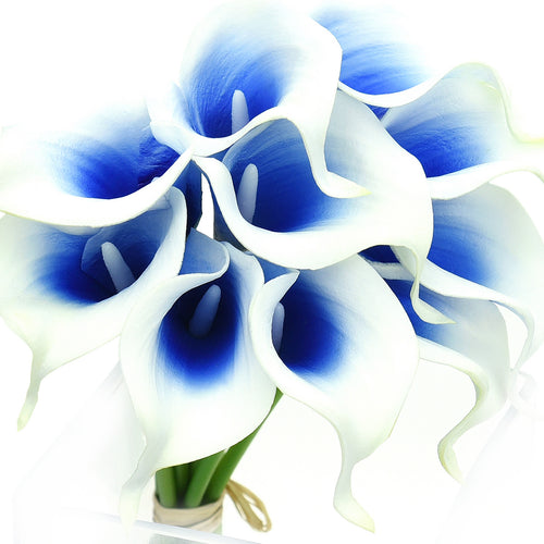 Real Touch Calla Lilies Artificial Flower Bouquet 10 Stems (Silk White & Abyss Blue)