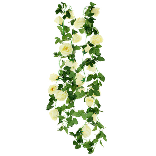 2 Bunches 14.4 ft of Cream White Artificial Silk Rose Vines Hanging Foliage Leaves