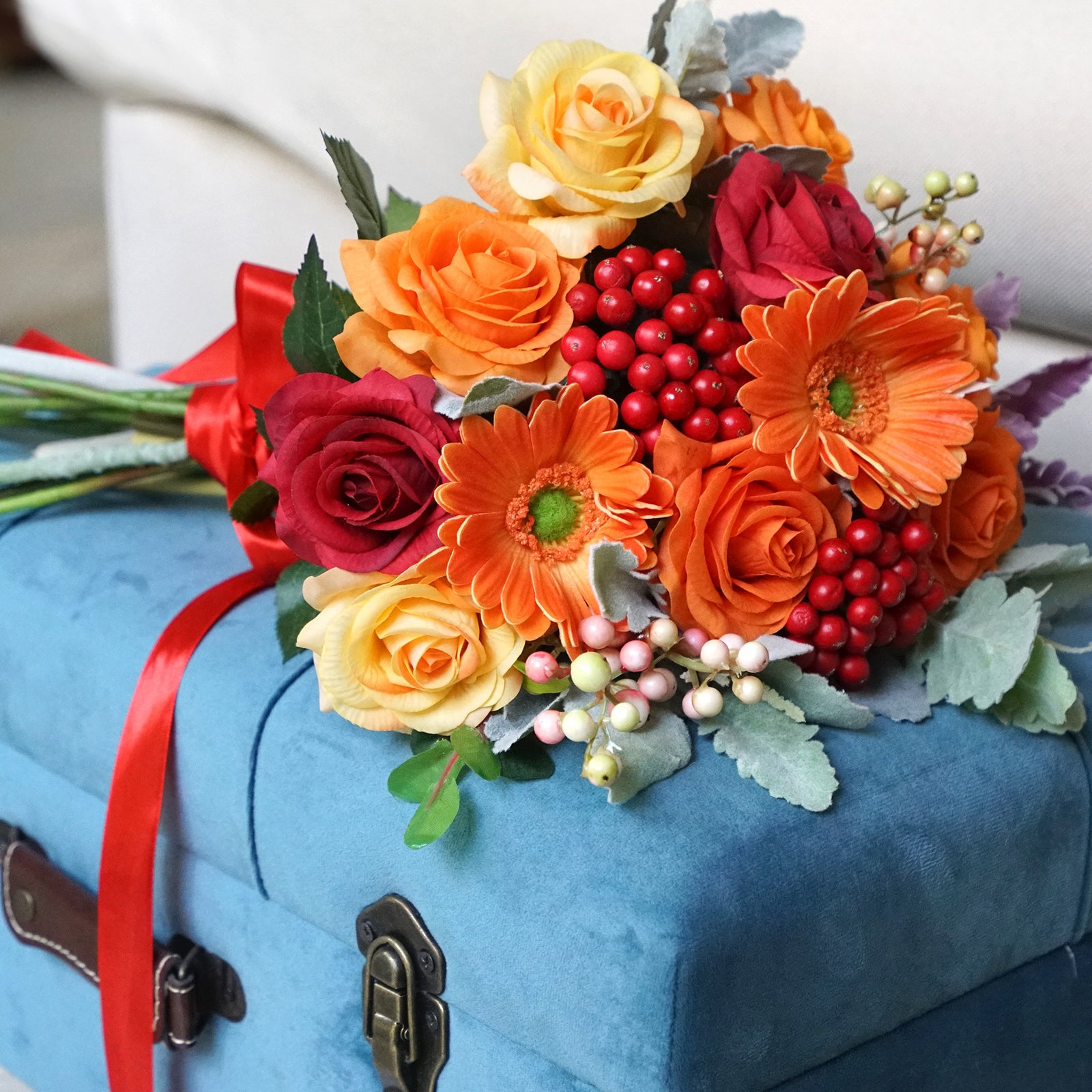 26 PCS DIY Set Real Touch Mix Roses Gerberas Berries Artificial Flowers Arrangement Silk Bouquet for Gift Home Wedding Bridal FiveSeasonStuff
